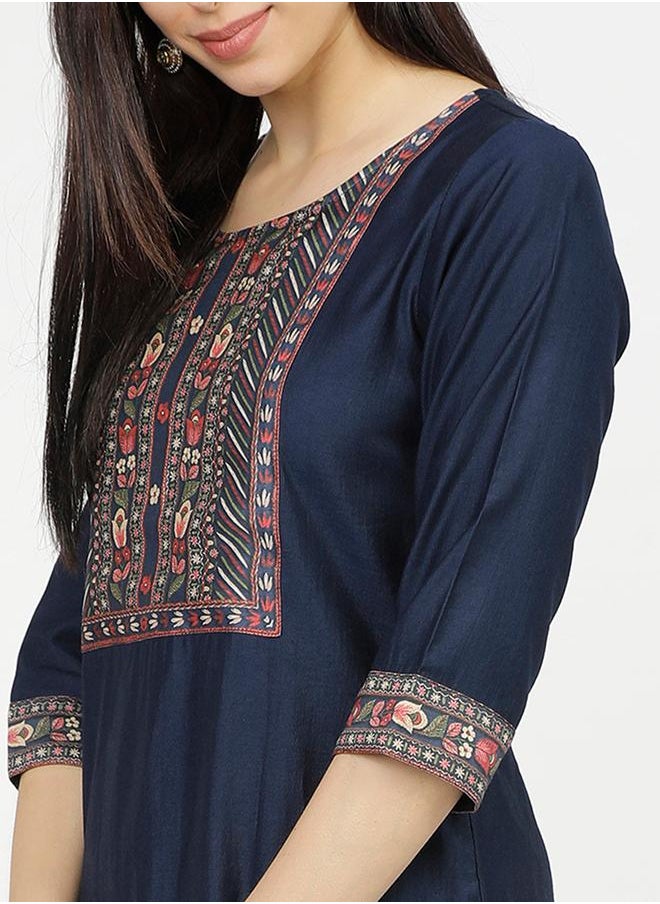 Vishudh Women Navy Blue & Red Printed Cotton Kurta Set with Dupatta by Styli  - Image 2