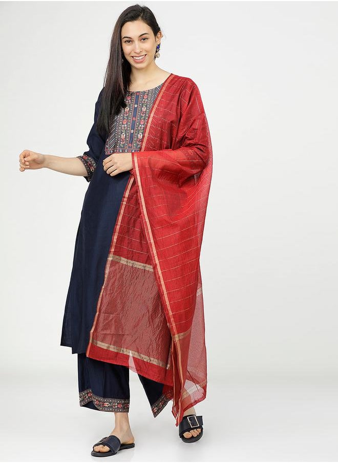 Vishudh Women Navy Blue & Red Printed Cotton Kurta Set with Dupatta by Styli  - Image 1