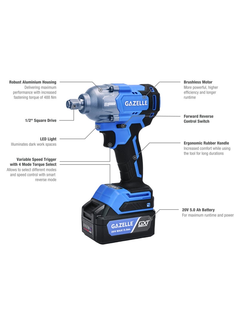 Gazelle Gazelle GC2034 20V 1/2 In. Cordless Torque Wrench, 488Nm, 3-Speed, Brushless Motor, with 2 x 5.0Ah Li-Ion Batteries 1 year warranty  - Image 2