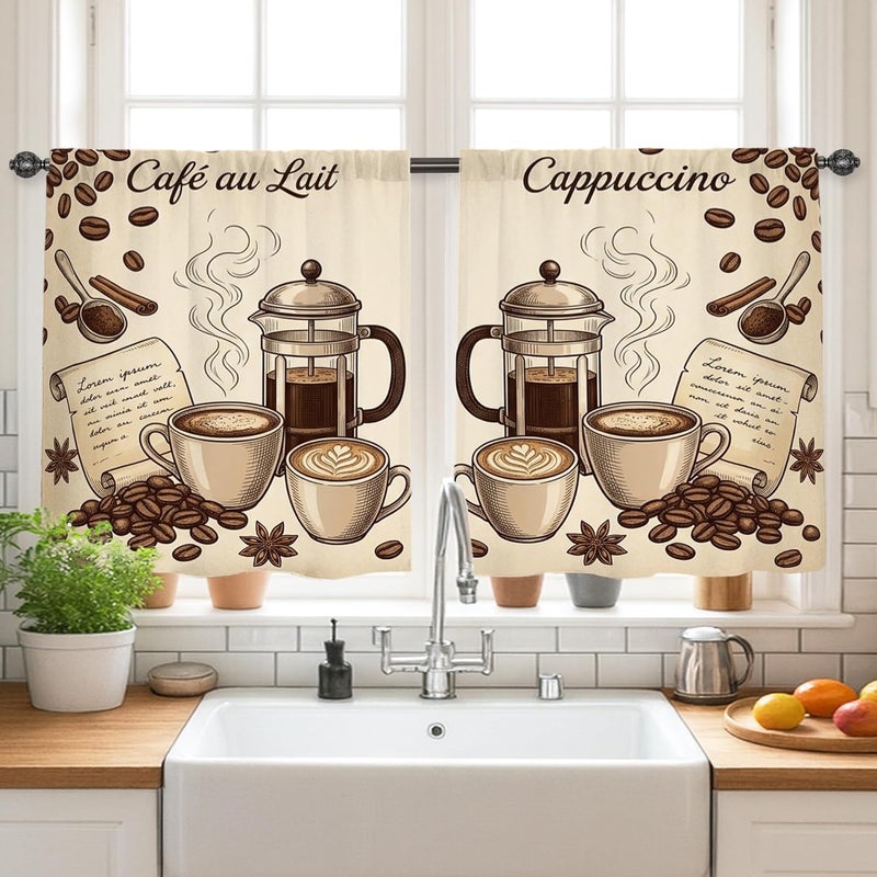 Coffee Kitchen Curtains, Coffee House Rustic Beans Cups N/A Brown Short Curtains for Windows Window Decoration for Sink Area Dining Room Bathroom 24x26 Inch - Image 2