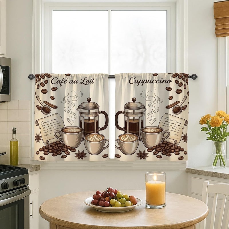 Coffee Kitchen Curtains, Coffee House Rustic Beans Cups N/A Brown Short Curtains for Windows Window Decoration for Sink Area Dining Room Bathroom 24x26 Inch - Image 1