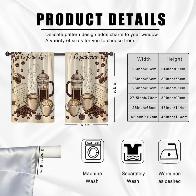 Coffee Kitchen Curtains, Coffee House Rustic Beans Cups N/A Brown Short Curtains for Windows Window Decoration for Sink Area Dining Room Bathroom 24x26 Inch - Image 3
