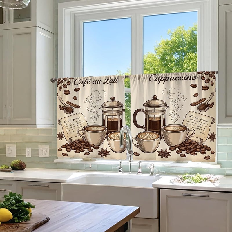 Coffee Kitchen Curtains, Coffee House Rustic Beans Cups N/A Brown Short Curtains for Windows Window Decoration for Sink Area Dining Room Bathroom 24x26 Inch - Image 4