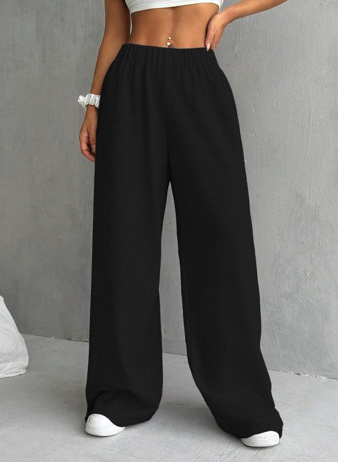 Take Two Women Black Solid Elastic Waist Wide Leg Joggers - Image 1