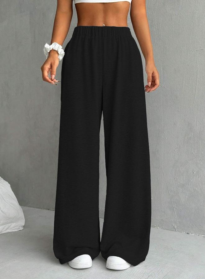 Take Two Women Black Solid Elastic Waist Wide Leg Joggers - Image 3