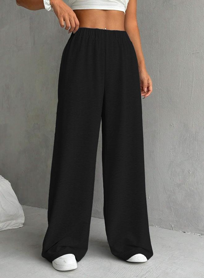 Take Two Women Black Solid Elastic Waist Wide Leg Joggers - Image 5