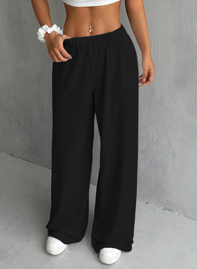 Take Two Women Black Solid Elastic Waist Wide Leg Joggers - Image 4