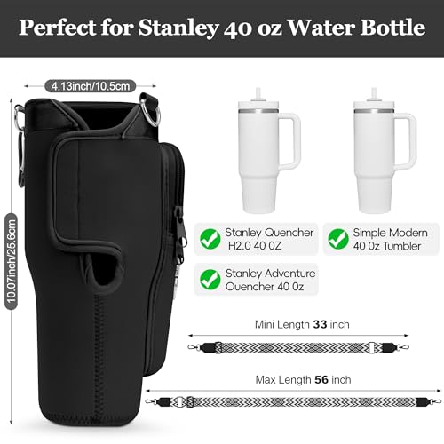 LOKASS Initial Water Bottle Holder with Strap for Stanley Cup 40oz Tumbler with Handle,Insulated Water Bottle Carrier Bag with Phone Pocket, Floral & Carabiner for Stanley Cup Accessories (Black M) - Image 5