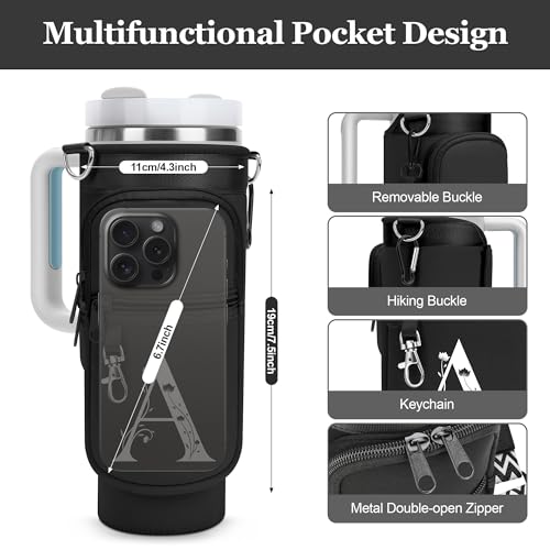 LOKASS Initial Water Bottle Holder with Strap for Stanley Cup 40oz Tumbler with Handle,Insulated Water Bottle Carrier Bag with Phone Pocket, Floral & Carabiner for Stanley Cup Accessories (Black M) - Image 2