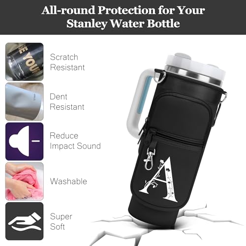 LOKASS Initial Water Bottle Holder with Strap for Stanley Cup 40oz Tumbler with Handle,Insulated Water Bottle Carrier Bag with Phone Pocket, Floral & Carabiner for Stanley Cup Accessories (Black M) - Image 3