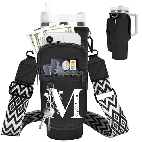 LOKASS Initial Water Bottle Holder with Strap for Stanley Cup 40oz Tumbler with Handle,Insulated Water Bottle Carrier Bag with Phone Pocket, Floral & Carabiner for Stanley Cup Accessories (Black M) - Image 1