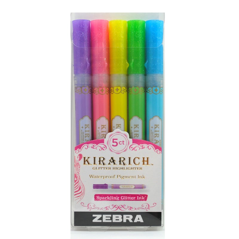 Zebra Pen KIRARICH Glitter Highlighter 5 Assorted Colors Chisel Tip for Broad or Fine Lines WaterBased Pigment Ink with Glitter Effect for Notes Journals Planners 5Pack 71605 - Image 2