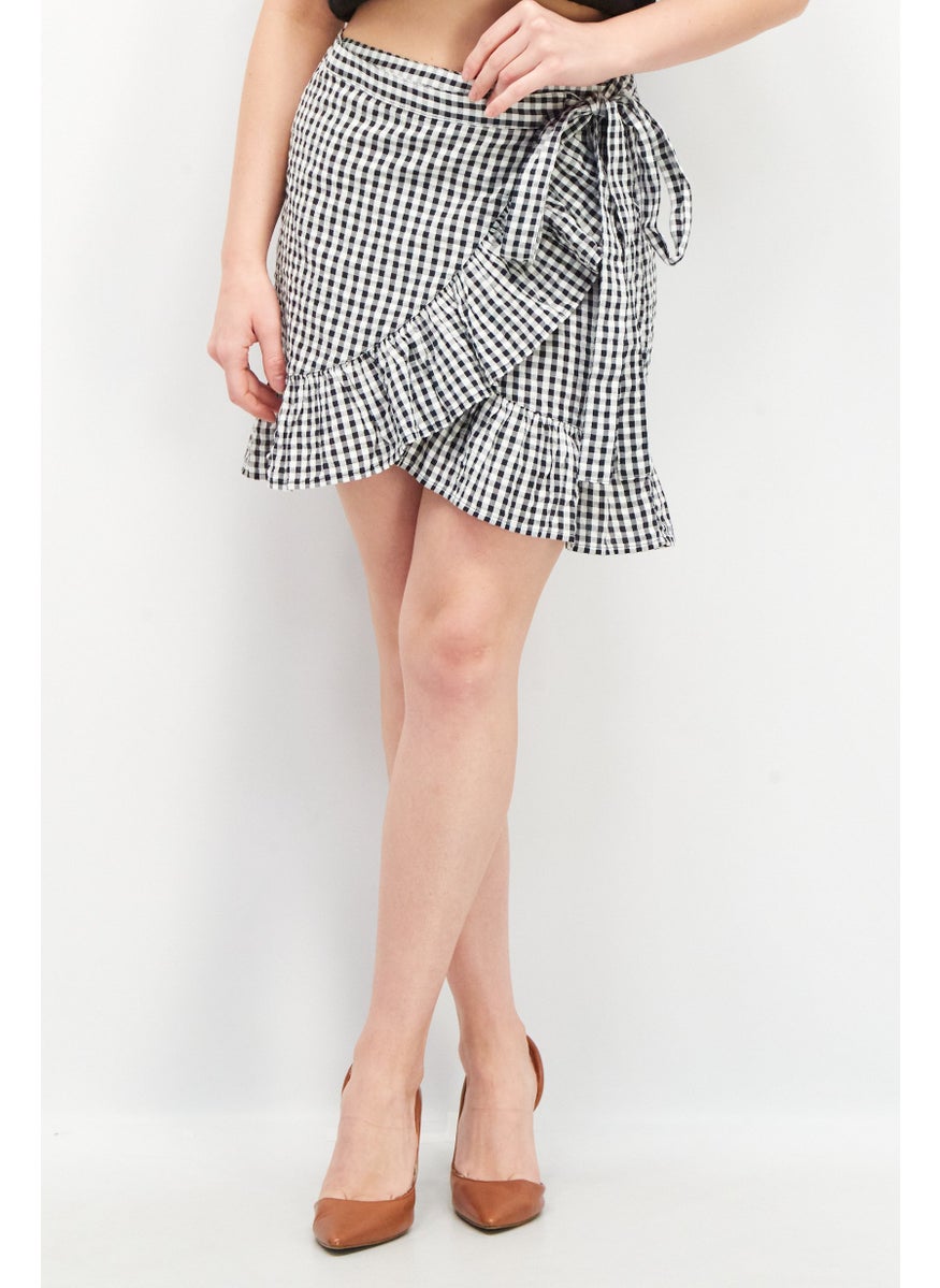 EDC Women Checkered Ruffle Mini Skirt, Black  - Image 1