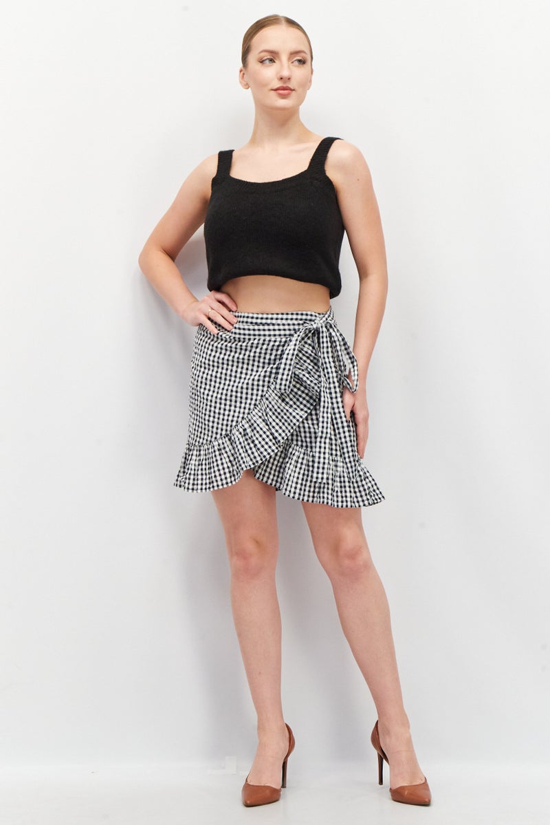 EDC Women Checkered Ruffle Mini Skirt, Black - Image 4