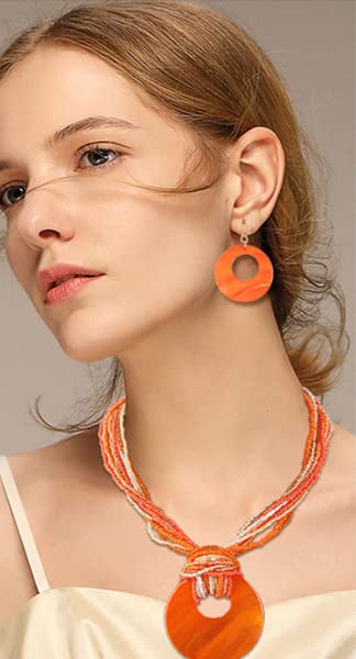 Coiris Multi Strand Statement Colorful Beaded Necklace Earrings Set with Big Circle Shell Pendant for Women (N0055-Orange) - Image 3