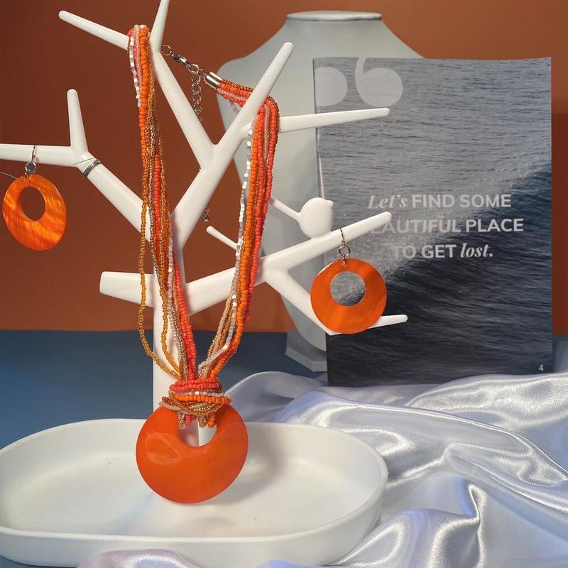 Coiris Multi Strand Statement Colorful Beaded Necklace Earrings Set with Big Circle Shell Pendant for Women (N0055-Orange) - Image 2