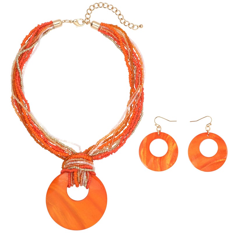 Coiris Multi Strand Statement Colorful Beaded Necklace Earrings Set with Big Circle Shell Pendant for Women (N0055-Orange) - Image 1
