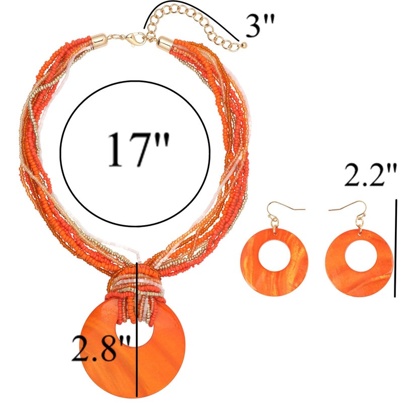 Coiris Multi Strand Statement Colorful Beaded Necklace Earrings Set with Big Circle Shell Pendant for Women (N0055-Orange) - Image 4
