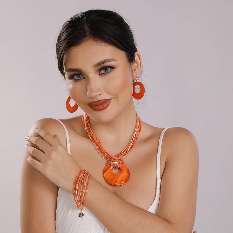 Coiris Multi Strand Statement Colorful Beaded Necklace Earrings Set with Big Circle Shell Pendant for Women (N0055-Orange) - Image 5