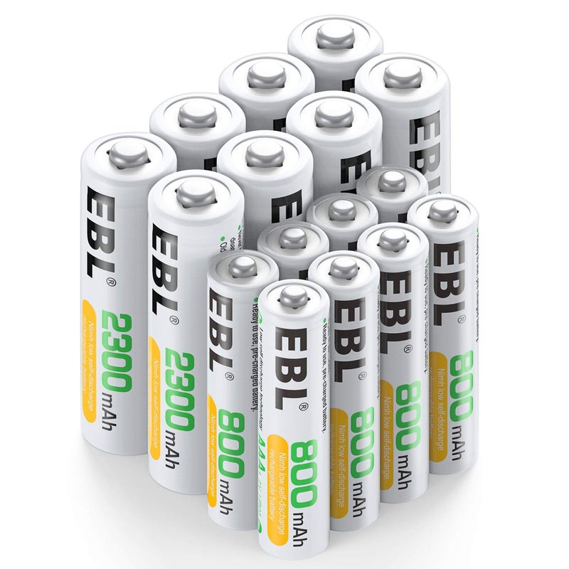 EBL 16 Sets AA AAA Batteries Combo with 8PCS AA 2300mAh & 8-Pack AAA 800mAh Rechargeable Batteries - Image 1