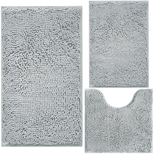 BOANKODU Bathroom Rugs Chenille 3-Piece Extra Soft and Absorbent Shag Bathroom Rugs, Machine Wash Mat, Strong PVC Non-Slip Underside, Plush Carpet Mats (Light Grey) - Image 1