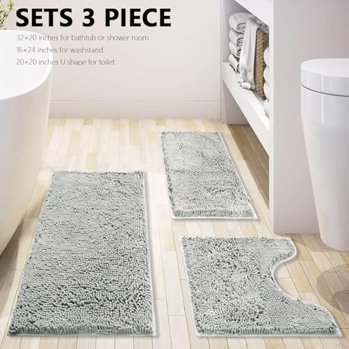 BOANKODU Bathroom Rugs Chenille 3-Piece Extra Soft and Absorbent Shag Bathroom Rugs, Machine Wash Mat, Strong PVC Non-Slip Underside, Plush Carpet Mats (Light Grey) - Image 2