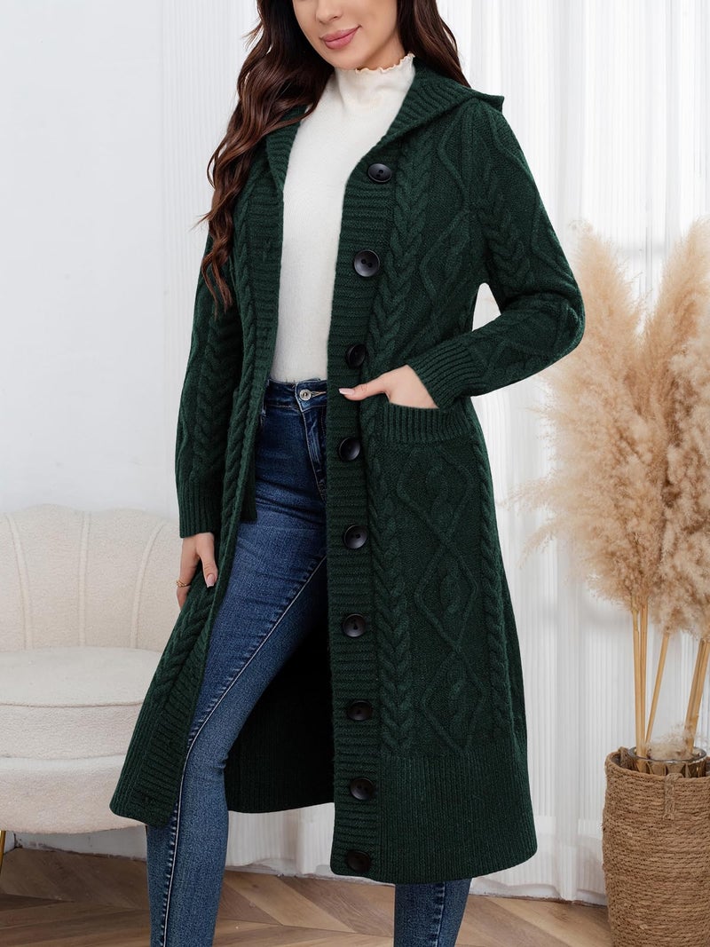 ebossy Women's Long Sleeve Hooded Cardigan Chunky Cable Knit Plus Size Over Knee Duster Coat with Pockets (XL, Green) - Image 4