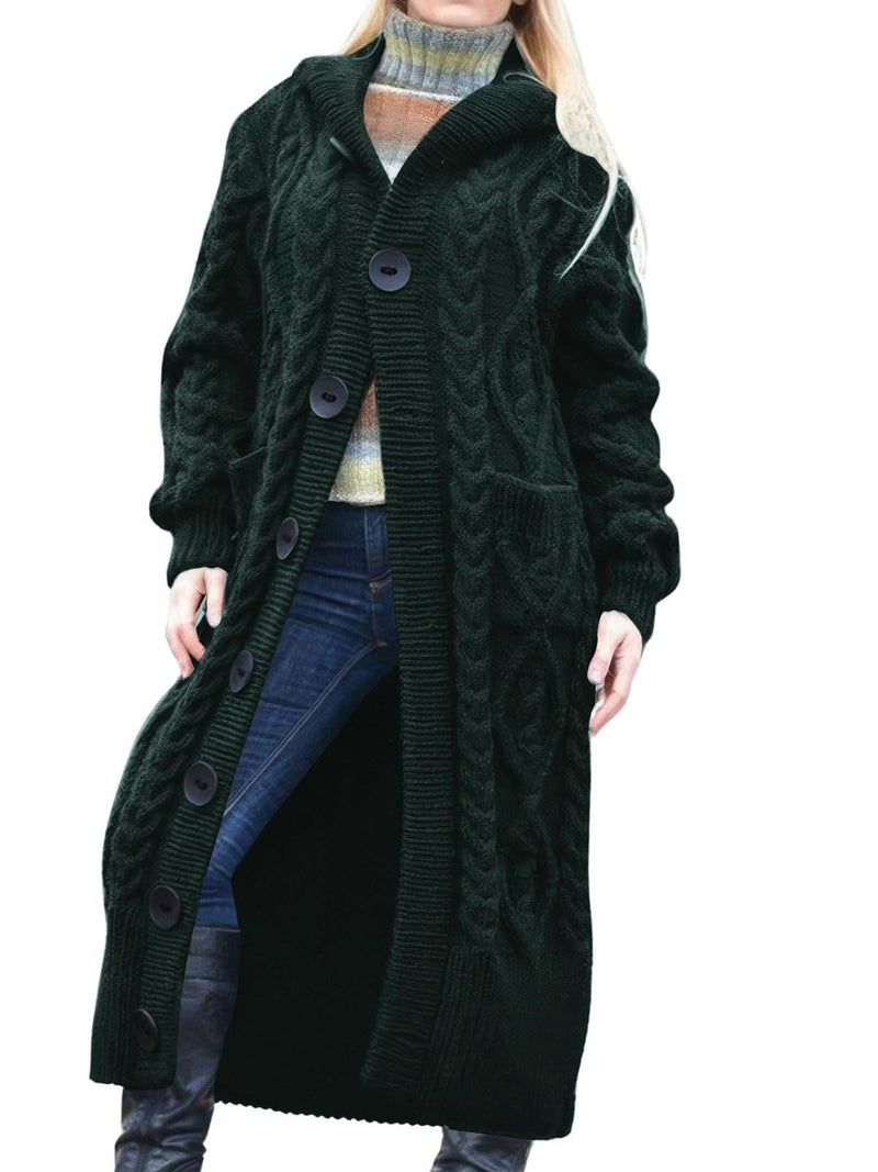 ebossy Women's Long Sleeve Hooded Cardigan Chunky Cable Knit Plus Size Over Knee Duster Coat with Pockets (XL, Green) - Image 1