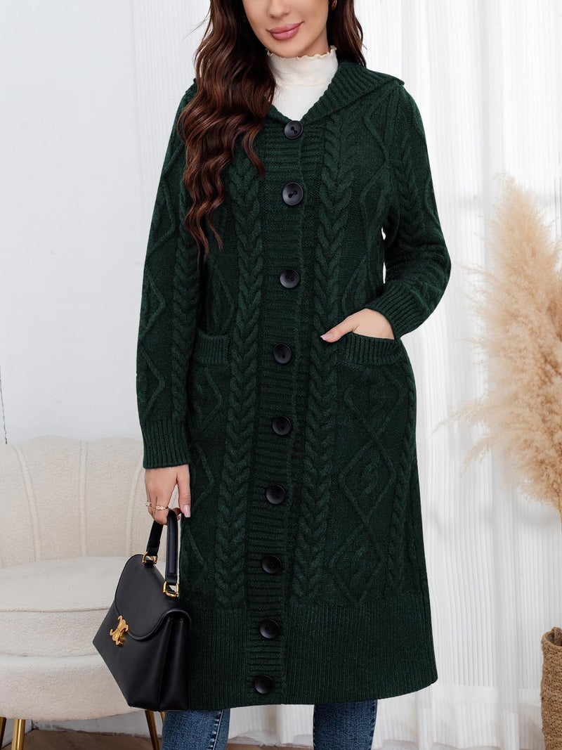 ebossy Women's Long Sleeve Hooded Cardigan Chunky Cable Knit Plus Size Over Knee Duster Coat with Pockets (XL, Green) - Image 2