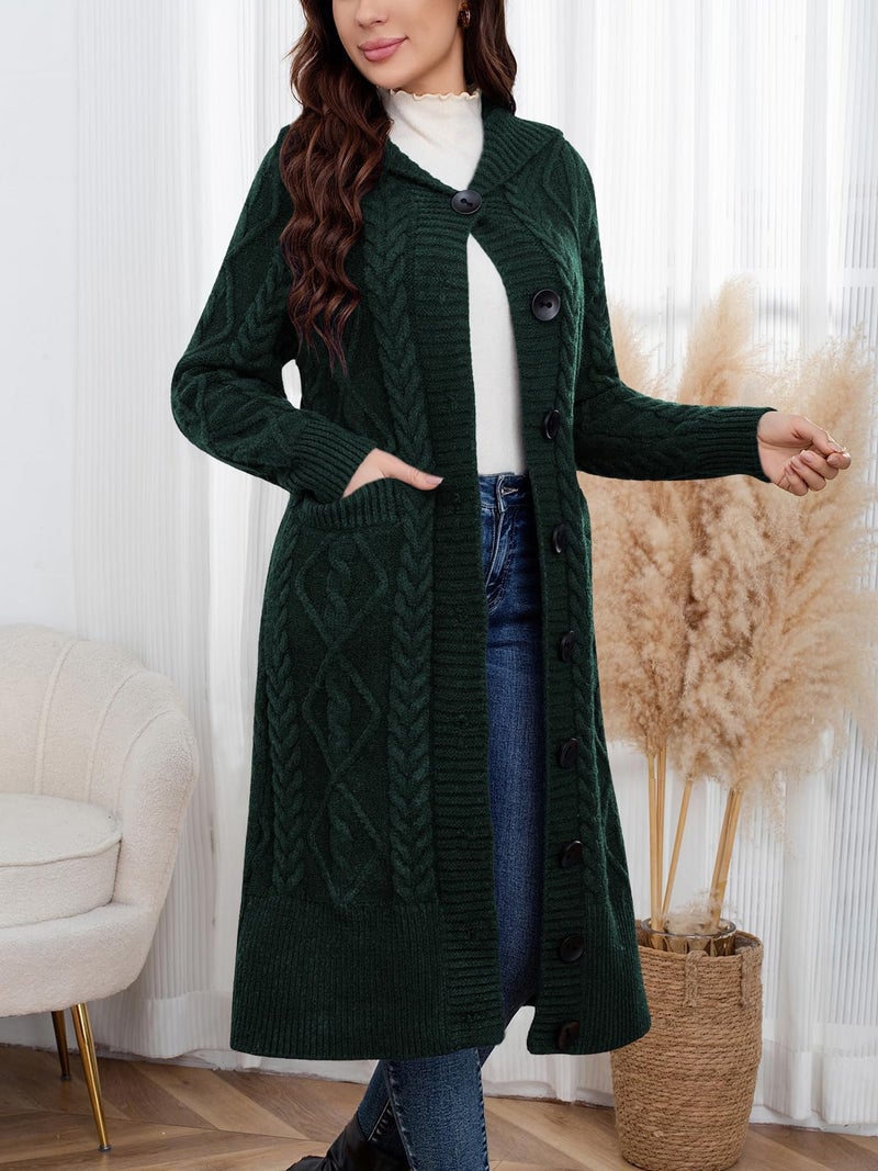 ebossy Women's Long Sleeve Hooded Cardigan Chunky Cable Knit Plus Size Over Knee Duster Coat with Pockets (XL, Green) - Image 5