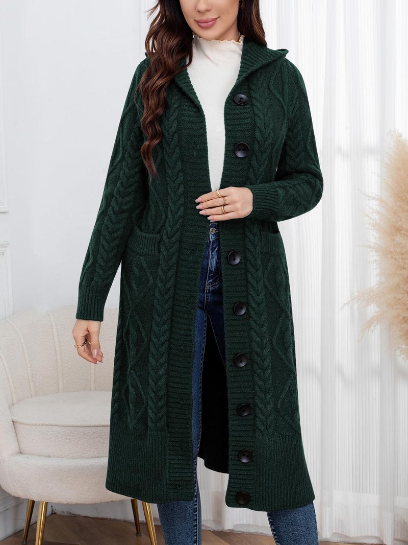 ebossy Women's Long Sleeve Hooded Cardigan Chunky Cable Knit Plus Size Over Knee Duster Coat with Pockets (XL, Green) - Image 3