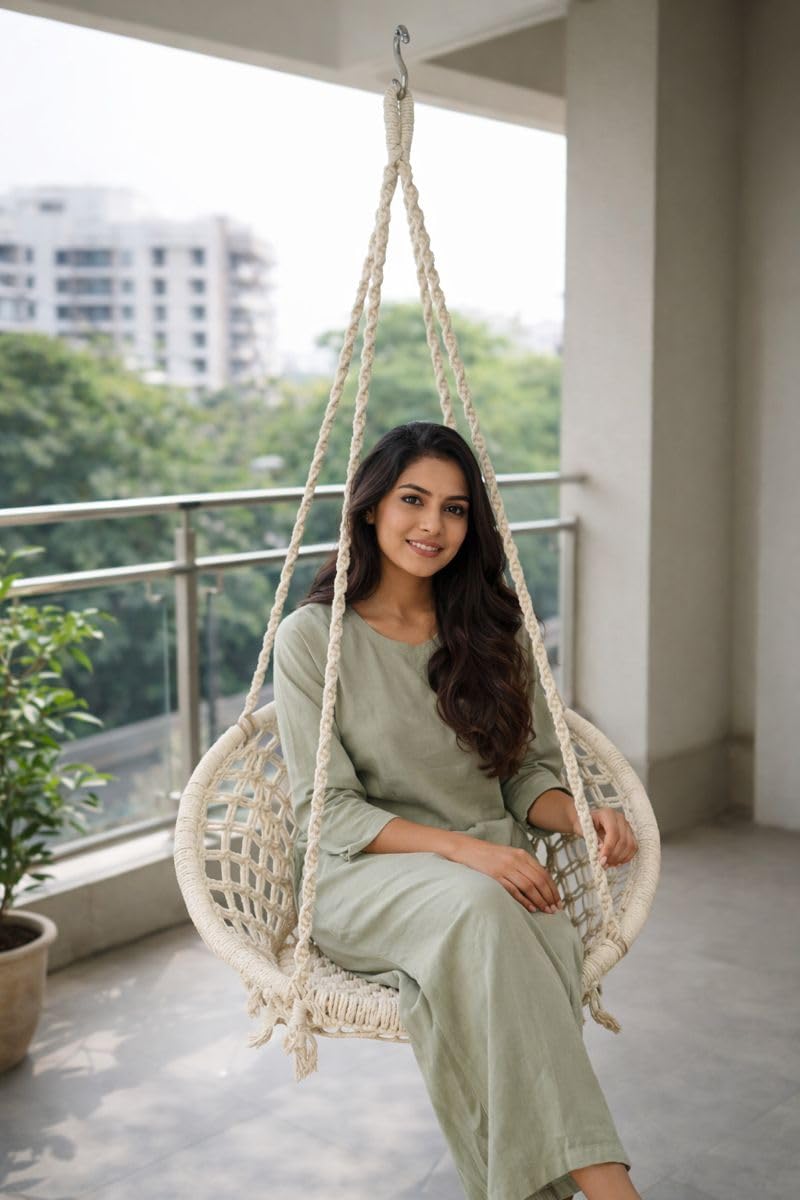 Patiofy Single Seater Home Swing For Adults&Kids|Suitable For Living Room/Balcony/Outdoor|Capacity Upto 120 Kgs|Includes Free Hanging Accessories|Handmade Jhula With Premium White Cotton Rope, 66 Cm - Image 1