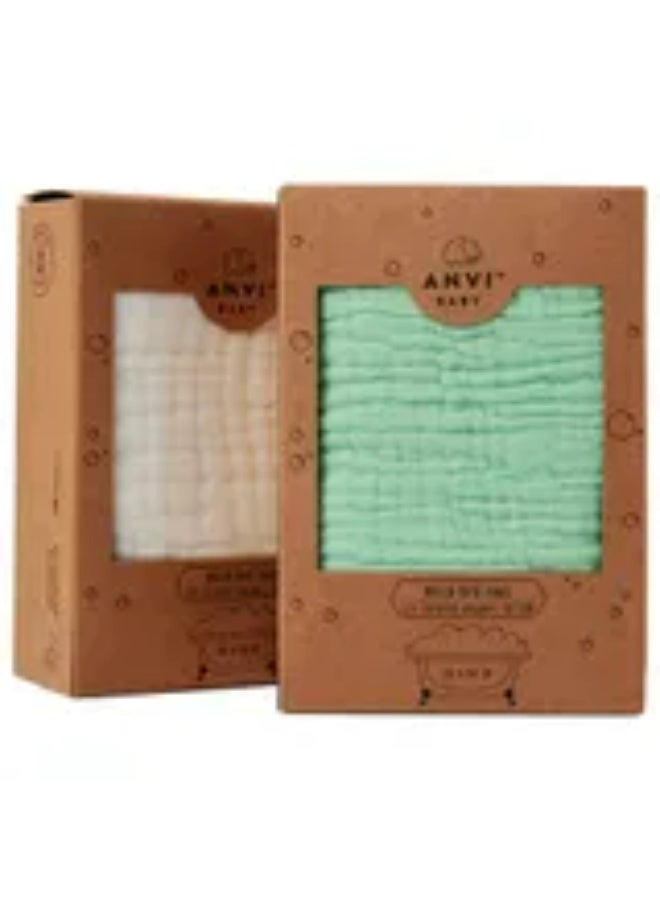 Anvi Baby - Set Of 2 Organic Muslin Bath Towel- Green/White - Image 4