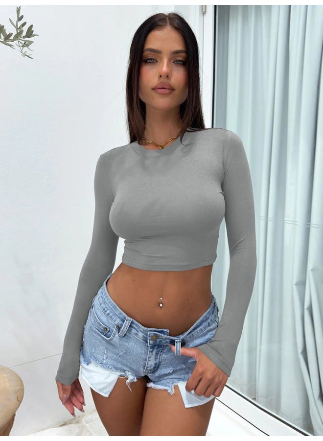 European And American  Autumn And Winter Women's Solid Color Round Neck Slim-fit Navel-exposed Long-sleeve Base T-shirt Women's Clothing