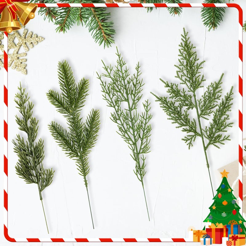 Kunjocy 40 Pcs Artificial Pine Branches Assorted Faux Pine Stems Cedar Leaves Needle Sprigs Plastic Fake Christmas Greenery Pine Picks for Xmas Tree Wreaths Garlands DIY Accessories Home Decor (40  Green) - Image 4