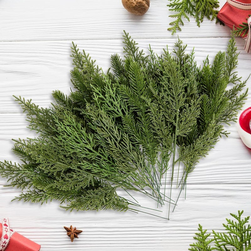 Kunjocy 40 Pcs Artificial Pine Branches Assorted Faux Pine Stems Cedar Leaves Needle Sprigs Plastic Fake Christmas Greenery Pine Picks for Xmas Tree Wreaths Garlands DIY Accessories Home Decor (40  Green) - Image 3