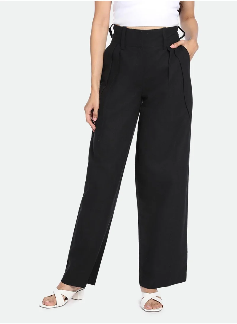 Dennis Lingo Women's Black Cotton Blend Solid Ankle Length Pleat Front Relaxed Fit Trouser