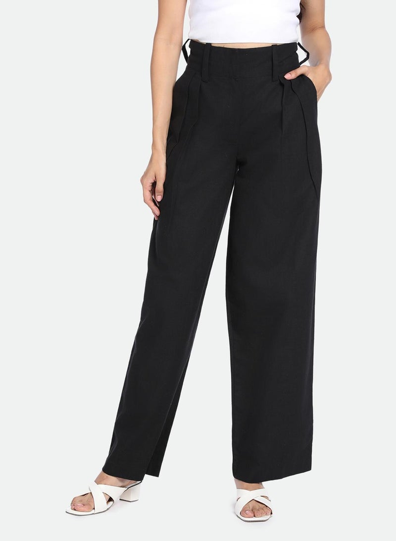 Dennis Lingo Women's Black Cotton Blend Solid Ankle Length Pleat Front Relaxed Fit Trouser - Image 2