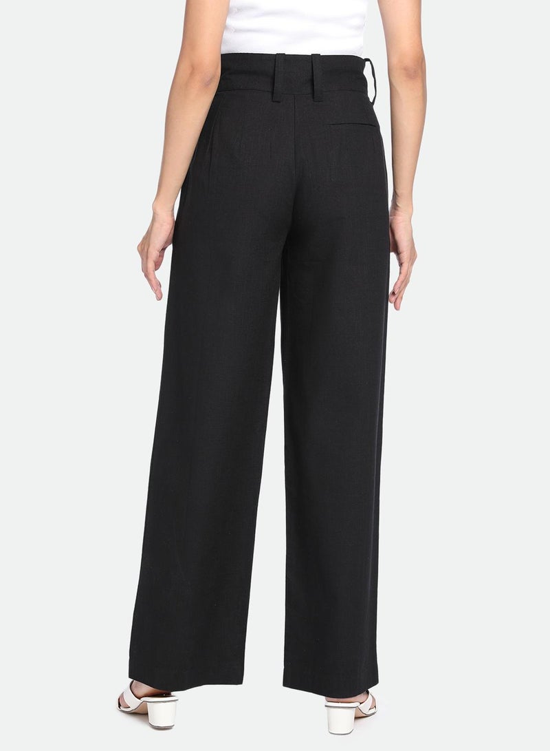 Dennis Lingo Women's Black Cotton Blend Solid Ankle Length Pleat Front Relaxed Fit Trouser - Image 5