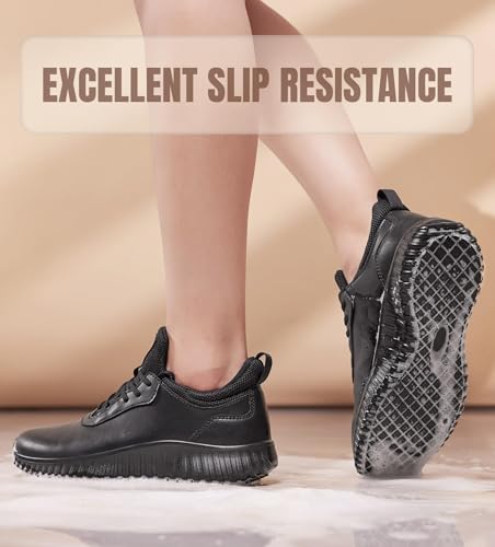 SHULOOK Non Slip Work Shoes for Women Food Service Water Resistant Sneakers Waterproof Kitchen Chef Restaurant Lace Up Walking Lightweight Comfortable Nursing Working Footwear Black Size 65 - Image 3