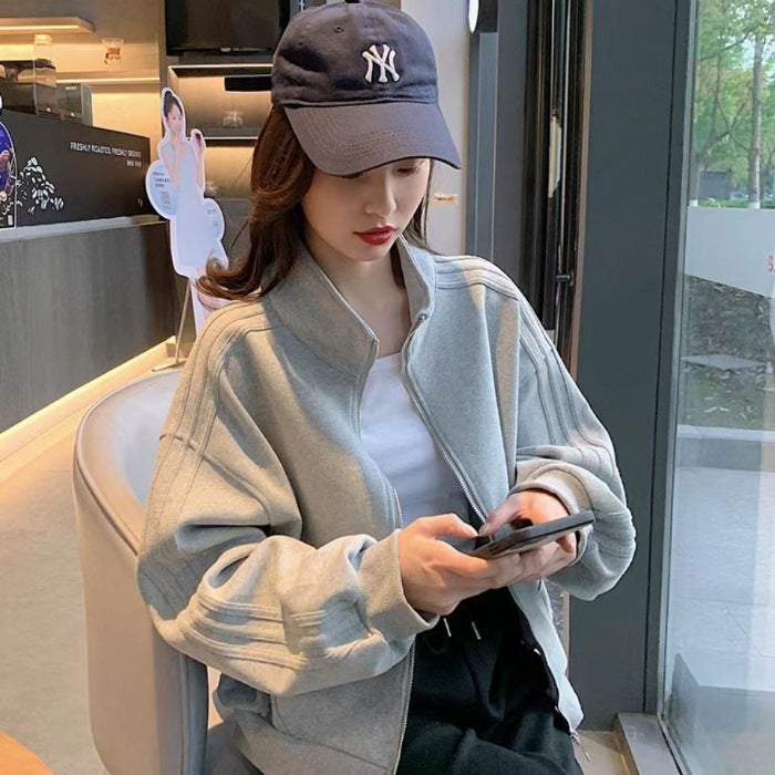 Casual Baseball Jacket Women Zip-up Stand Collar 2023 gray - Image 1
