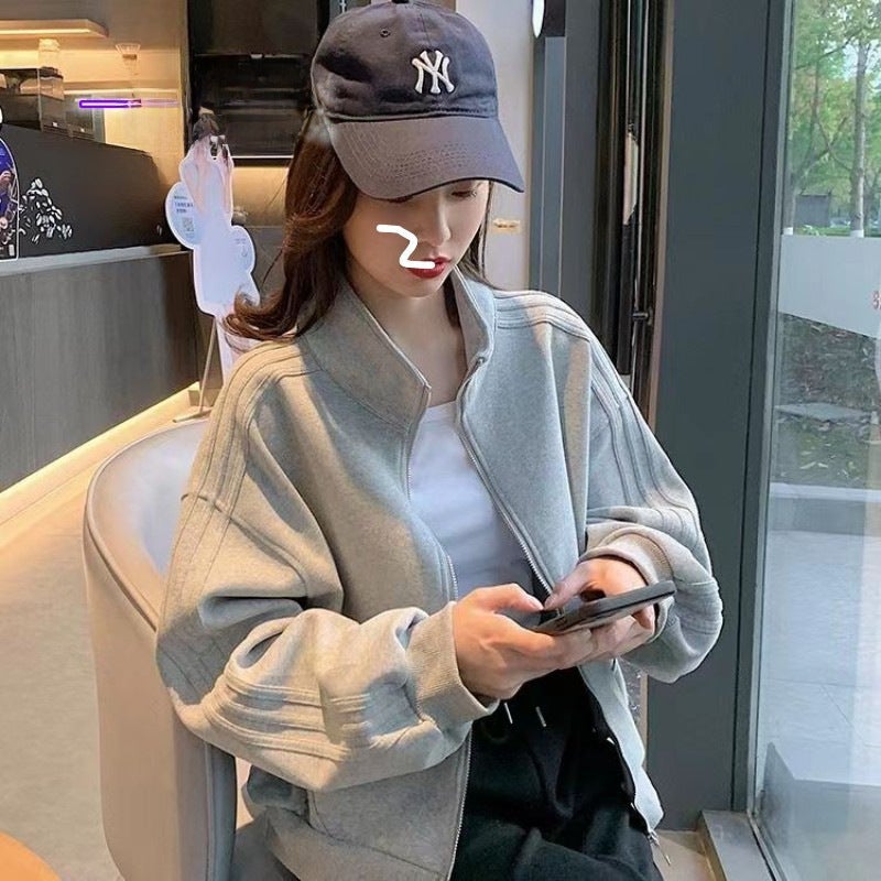 Casual Baseball Jacket Women Zip-up Stand Collar 2023 gray - Image 3