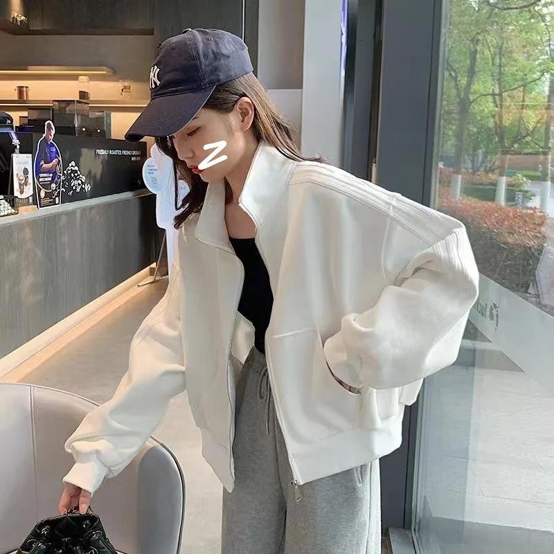 Casual Baseball Jacket Women Zip-up Stand Collar 2023 gray - Image 5