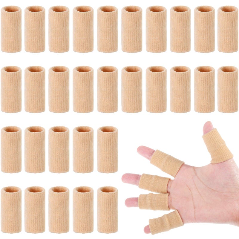 Skylety 30 Pieces Finger Sleeves with 1 Storage Bag, Thumb Splint Brace Support Protector Breathable Elastic Finger Tape for Pain Relief Arthritis Trigger Sports Basketball Baseball(Beige) - Image 1