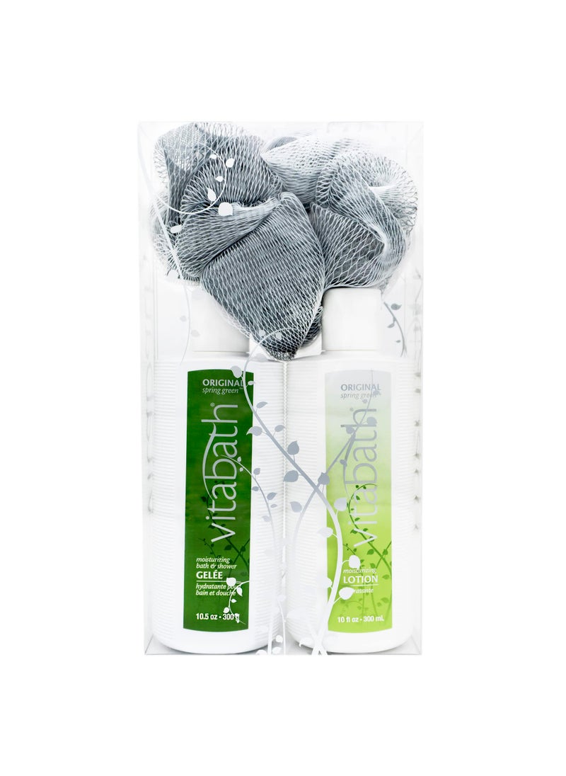 Vitabath - Vitabath Original Spring Green Everyday Skincare Set Moisturizing Shower Gel Wash, Reviving Lotion & Exfoliating Body Scrubber Pouf - Intoxicating Foam Cleanser & Dry Skin Hydration for Women & Men - Image 1