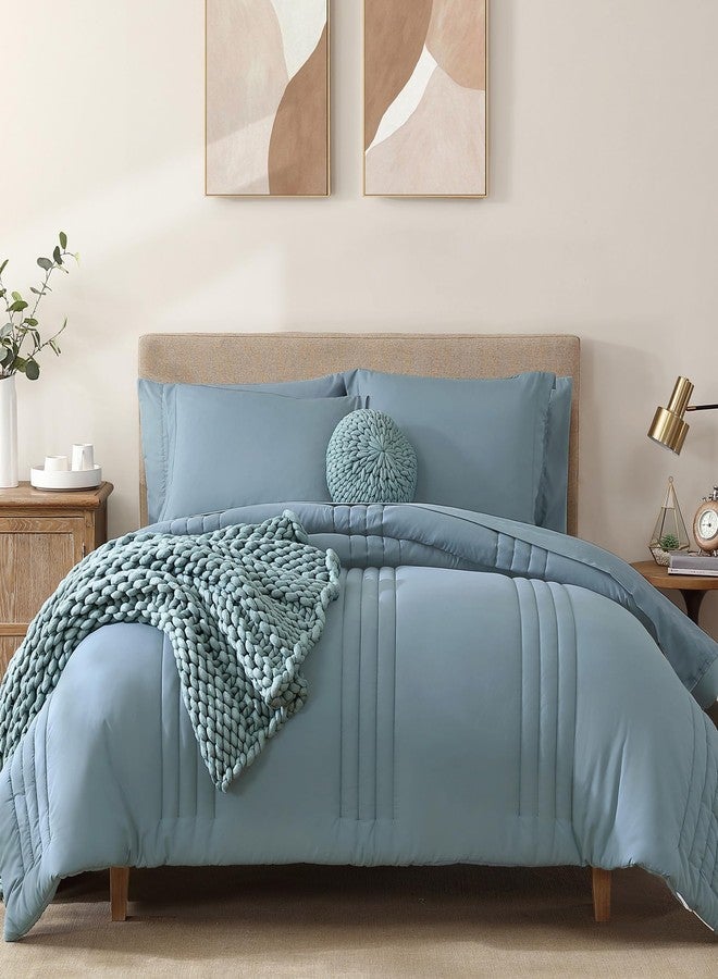 Monbix Queen Size Comforter Sets,Queen Bedding Set 7 Pieces, All Seasons Comforters,Fluffy Bed Set Warm Bed in A Bag Queen with Sheets(Dusty Blue, Queen, 90''x90'') - Image 1