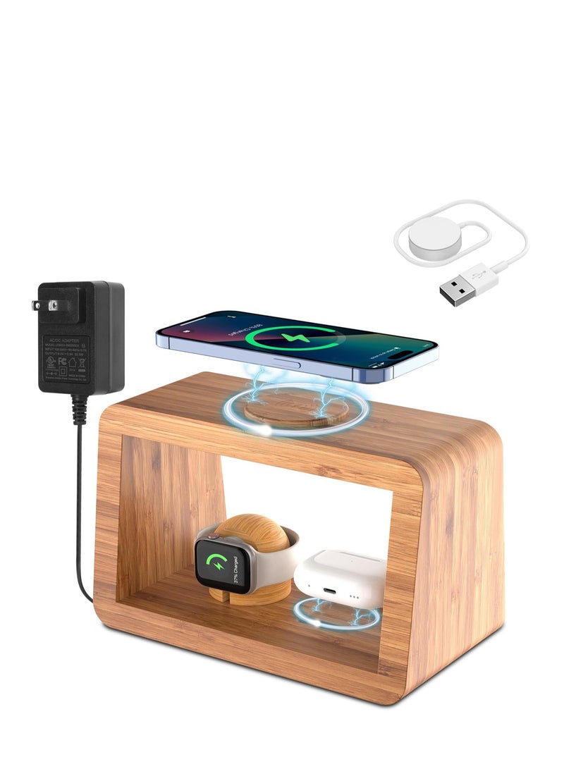 SYOSI Bamboo Wireless Charging Station, 3 in 1 with Digital Alarm Clock Night Light, Fast Charger Stand for iPhone 14/13/12/11 Pro Max/X/Xs Max/8, AirPods Pro, iWatch Series 8/7/6/5/SE/4/3/2, for Samsung - Image 1