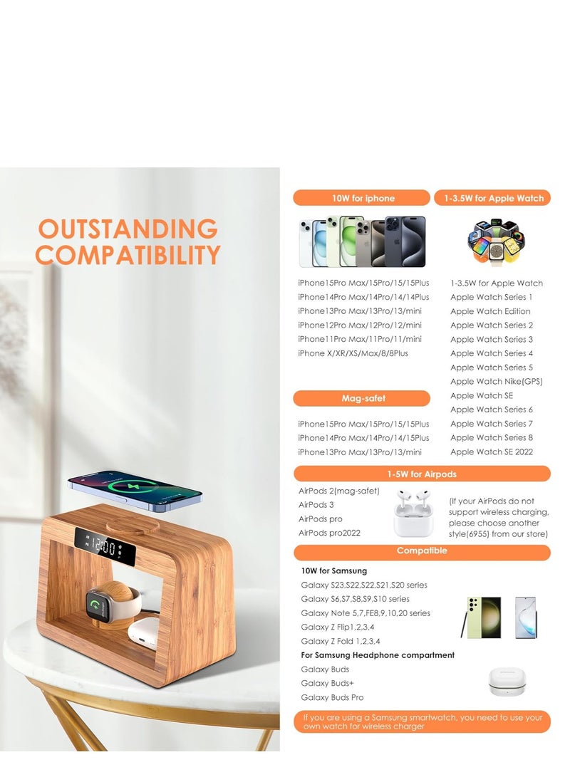SYOSI Bamboo Wireless Charging Station, 3 in 1 with Digital Alarm Clock Night Light, Fast Charger Stand for iPhone 14/13/12/11 Pro Max/X/Xs Max/8, AirPods Pro, iWatch Series 8/7/6/5/SE/4/3/2, for Samsung - Image 3