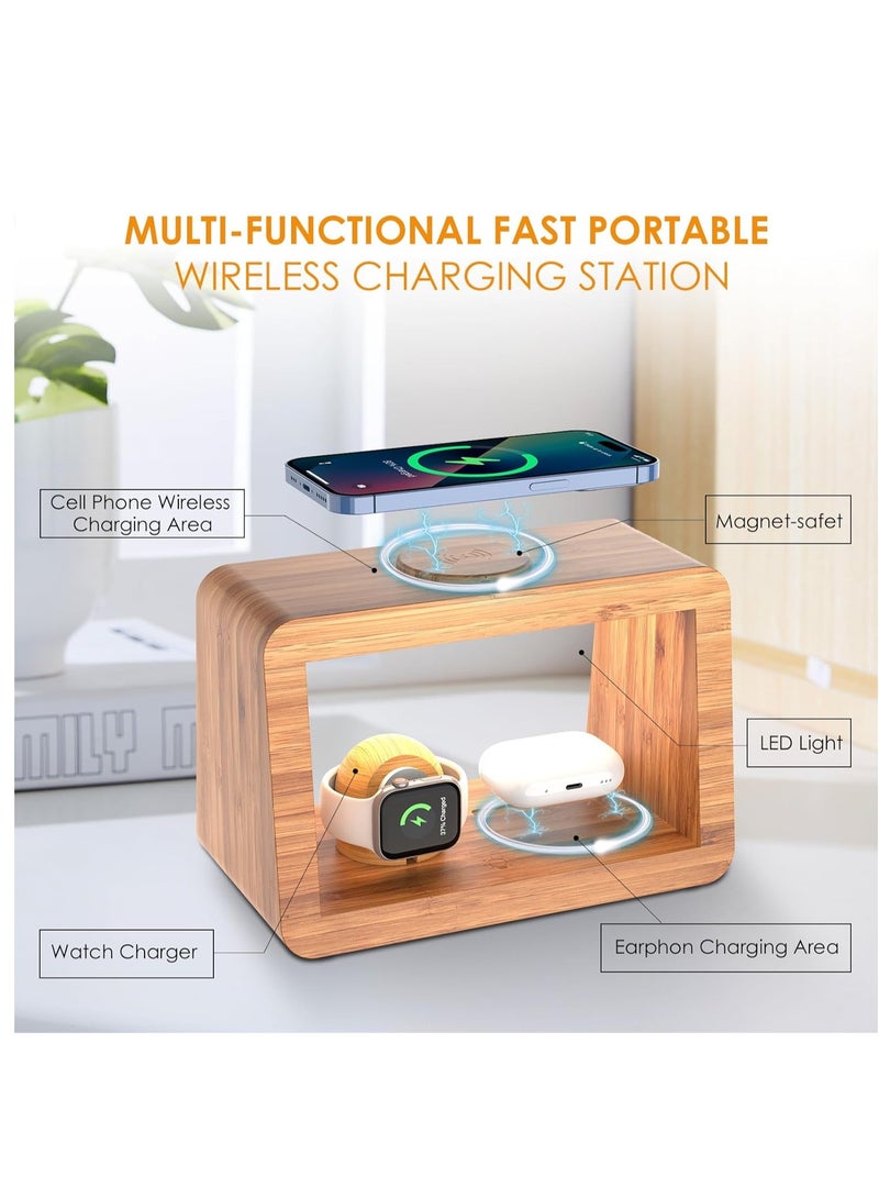 SYOSI Bamboo Wireless Charging Station, 3 in 1 with Digital Alarm Clock Night Light, Fast Charger Stand for iPhone 14/13/12/11 Pro Max/X/Xs Max/8, AirPods Pro, iWatch Series 8/7/6/5/SE/4/3/2, for Samsung - Image 5