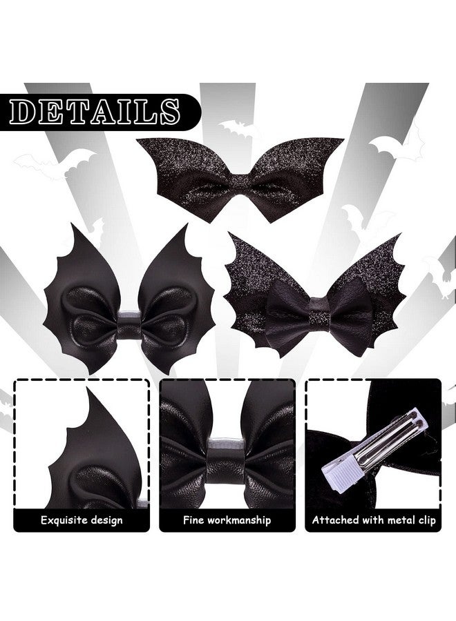Whaline 6Pcs Halloween Bat Bow Hair Clips 3 Style Hair Bow Barrette Black Glitter Pu Leather Hairpins Sparkly Alligator Hairgrips For Girls Toddlers Teens Halloween Party Hair Accessories - Image 3